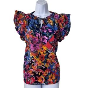 Chelsea & Theodore Blouse Women Large Multicolor Floral Patchwork Flutter Sleeve
